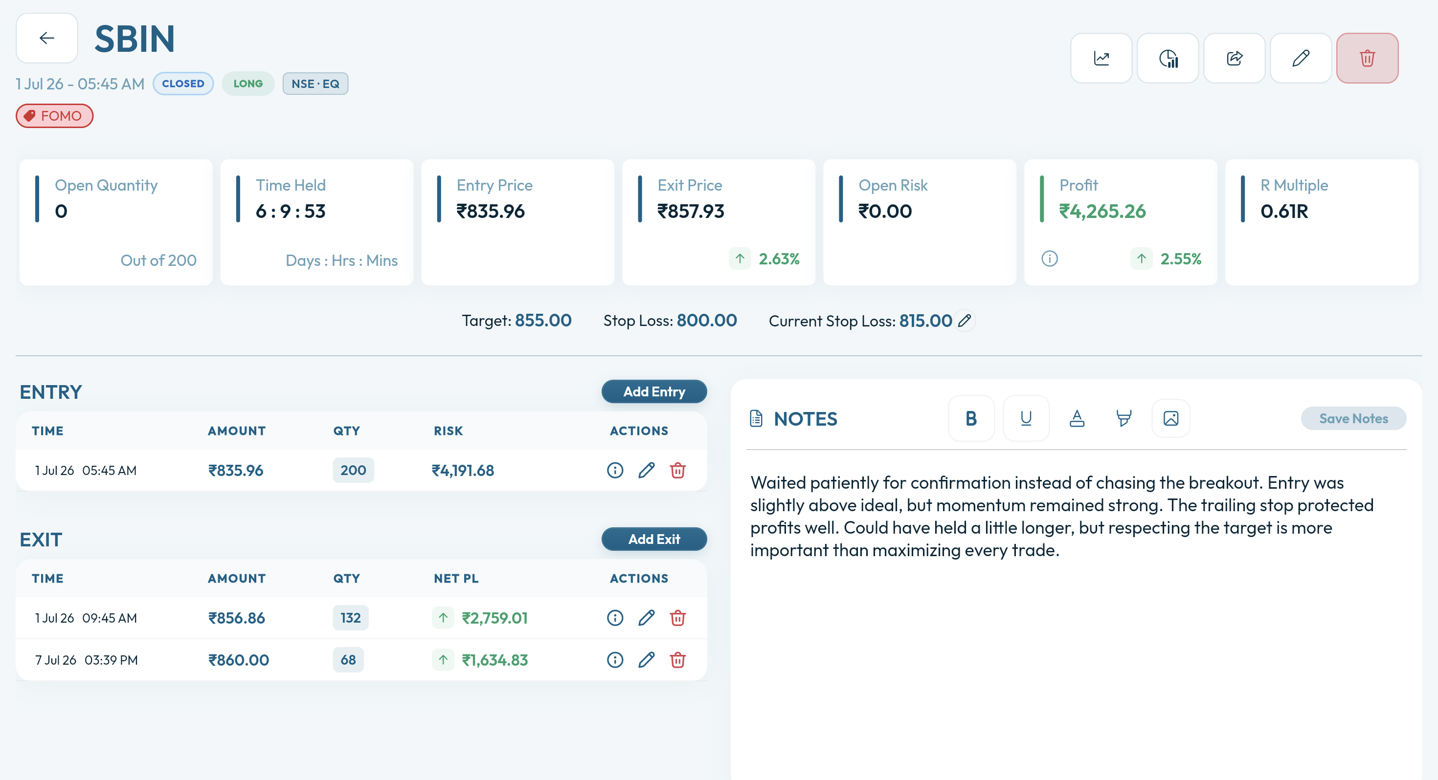 Trade details on desktop